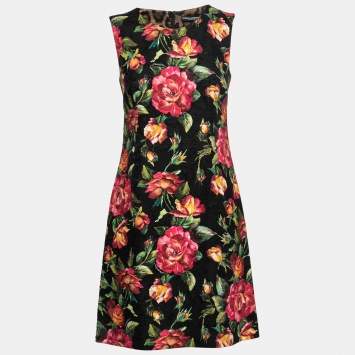 Pre Owned Dolce & Gabbana Black Floral Printed Jacquard Sleeveless Sheath Dress S