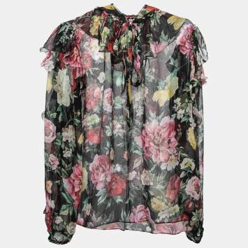 Pre Owned Dolce & Gabbana Black Floral Printed Silk Ruffled Tie-Neck Blouse M