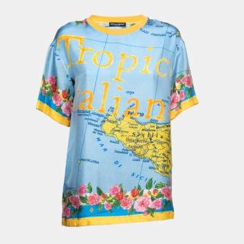 Pre Owned Dolce & Gabbana Blue Printed Silk Crewneck Top S