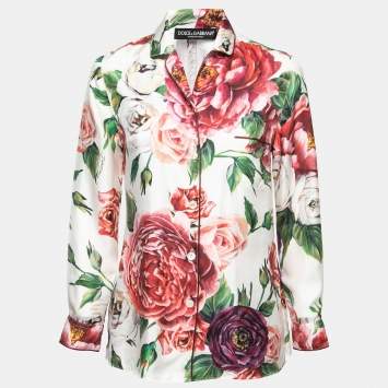 Pre Owned Dolce & Gabbana White Floral Printed Silk Pajama Shirt S