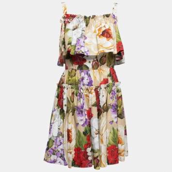 Pre Owned Dolce & Gabbana Beige Floral Printed Cotton Tiered Mini Dress M