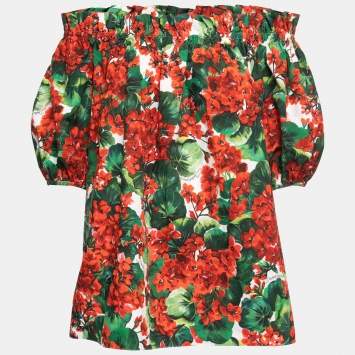 Pre Owned Dolce & Gabbana Red Floral Printed Cotton Poplin Off-Shoulder Top S