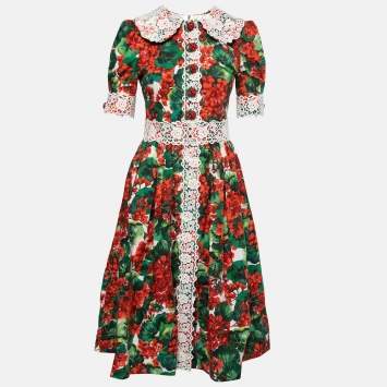 Pre Owned Dolce & Gabbana Red Floral Print Poplin Midi Dress M