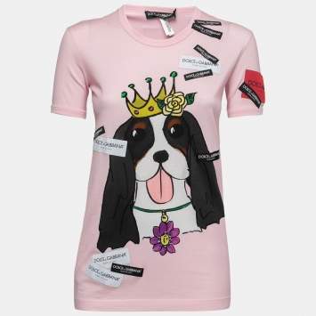 Pre Owned Dolce & Gabbana Pink Cotton Logo Puppy Print Short Sleeve T-Shirt S