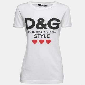 Pre Owned Dolce & Gabbana White Cotton Logo & Heart Print T-Shirt S