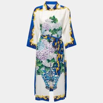 مملوكة مسبقًا Dolce & Gabbana White Bouquet Printed Silk Button Down Belted Dress M