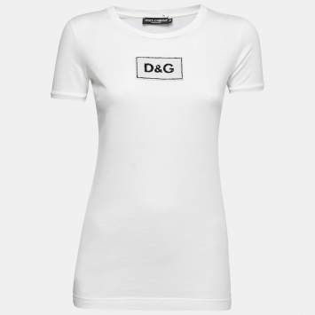 Pre Owned Dolce & Gabbana White Cotton Sequined Logo Patch T-Shirt XS