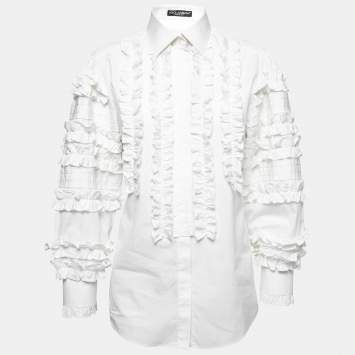 مملوكة مسبقًا Dolce & Gabbana White Cotton Poplin Ruffled Button-Front Shirt S