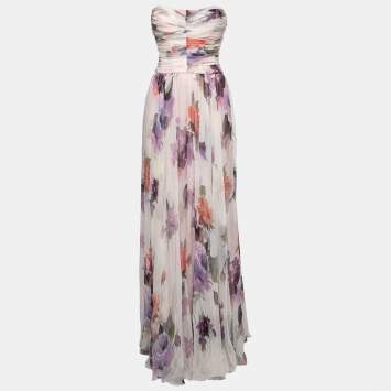 مملوكة مسبقًا Dolce & Gabbana White Floral Printed Silk Ruched Strapless Gown S
