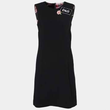 Pre Owned Dolce & Gabbana Black Logo Sequined Wool Sleeveless Shift Dress S
