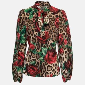 Pre Owned Dolce & Gabbana Brown Floral Animal Print Silk Tie Neck Blouse M
