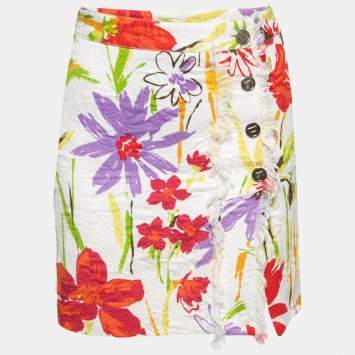Pre Owned Dolce & Gabbana White Floral Jacquard Buttoned Mini Skirt S