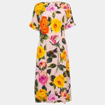 Pre Owned Dolce & Gabbana Pink Rose Printed Crepe Midi Dress L