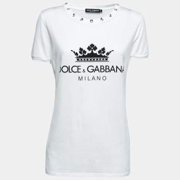 Pre Owned Dolce & Gabbana White Cotton Logo Print Rhinestone T-Shirt M