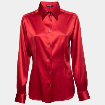 Pre Owned Dolce & Gabbana Red Stretch Silk Satin Button Front Shirt L