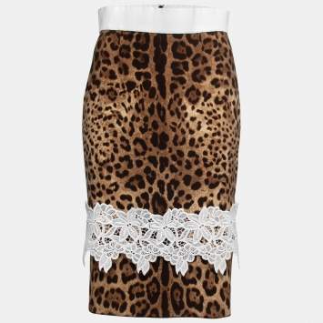 Pre Owned Dolce & Gabbana Brown Leopard Print Silk Lace Trimmed Skirt M