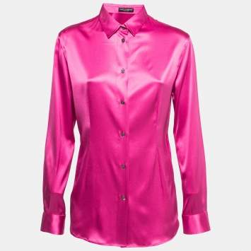 Pre Owned Dolce & Gabbana Pink Stretch Silk Satin Button Front Shirt L