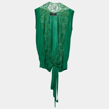 Pre Owned Dolce & Gabbana Green Wool & Lace Trimmed Sleeveless Wrap Top L