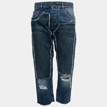 Pre Owned Dolce & Gabbana Inigo Denim Patchwork Frayed Crop Jeans M