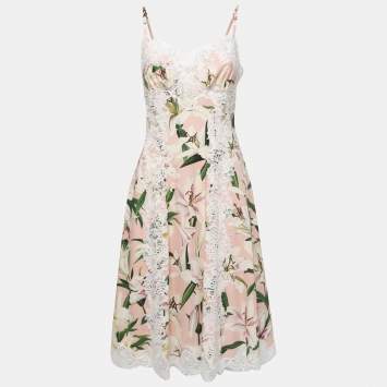 Pre Owned Dolce & Gabbana Pink Floral Print Silk Slip Midi Dress S