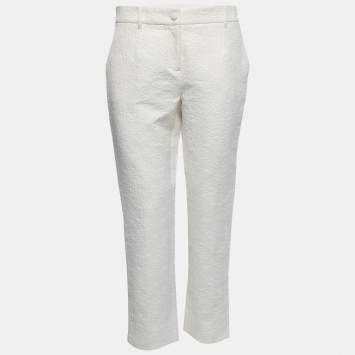 Pre Owned Dolce & Gabbana White Floral Jacquard Tapered Trousers M