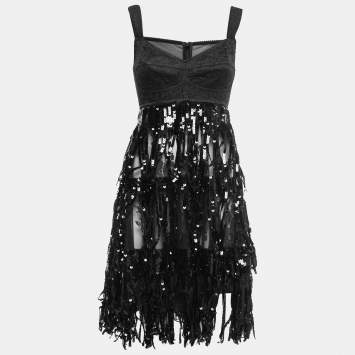 Pre Owned Dolce & Gabbana Black Sequin Fringe Embellished Lace Sleeveless Dress M