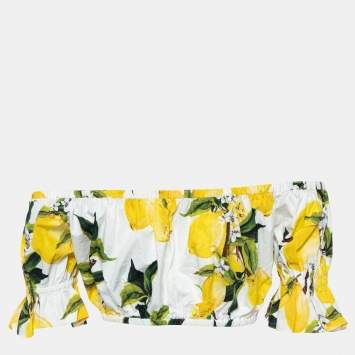 Pre Owned Dolce & Gabbana Yellow Lemon Printed Cotton Off Shoulder Crop Top S