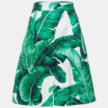 Pre Owned Dolce & Gabbana Green Banana Leaf Printed Cotton Jacquard Skirt M