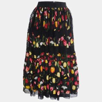 Pre Owned Dolce & Gabbana Black Tulip Print Silk Lace Trim Flared Skirt L