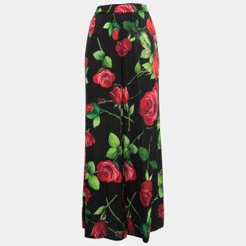 Pre Owned Dolce & Gabbana Black/Red Floral Print Silk Palazzo Pants M
