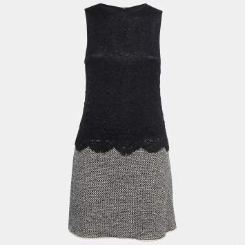 Pre Owned Dolce & Gabbana Black Tweed & Lace Overlay Sleeveless Shift Dress S
