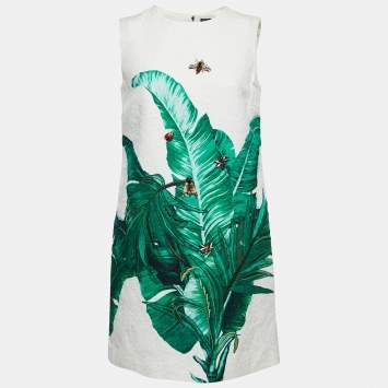 Pre Owned Dolce & Gabbana White Floral Jacquard Embroidered Shift Dress M