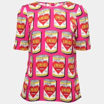 Pre Owned Dolce & Gabbana Pink Silk Amore Soup Can Short Sleeve Top M