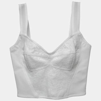 Pre Owned Dolce & Gabbana White Lace & Mesh Bustier Cropped Top M