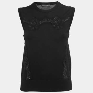 Pre Owned Dolce & Gabbana Black Lace-Trim Sleeveless Knit Top M