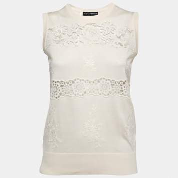 مملوكة مسبقًا Dolce & Gabbana Cream Lace-Trim Sleeveless Knit Top M