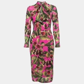 Pre Owned Dolce & Gabbana Pink Fig Print Silk Tie-Neck Midi Dress M