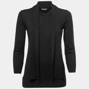 Pre Owned Dolce & Gabbana Black Wool Blend Neck-Tie Knit Top M