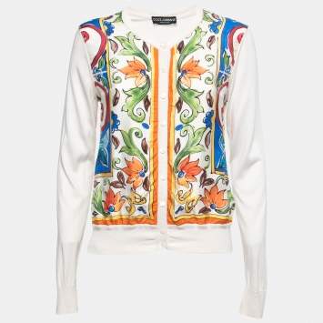 Pre Owned Dolce & Gabbana Off White Majolica Print Silk Button Front Cardigan M