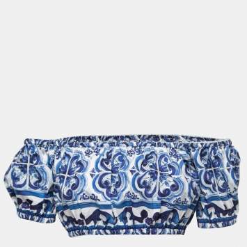 Pre Owned Dolce & Gabbana Blue Majolica Print Cotton Off-Shoulder Cropped Top S