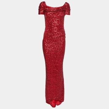 Pre Owned Dolce & Gabbana Metallic Red Sequins Long Gown S