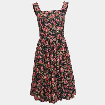 مملوكة مسبقًا Dolce & Gabbana Black Rose Printed Cotton Flared Midi Dress M