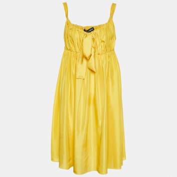 Pre Owned Dolce & Gabbana Yellow Silk Satin Ruched Sleeveless Mini Dress M
