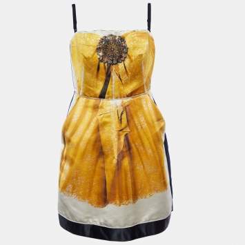 Pre Owned D&G Yellow Printed Sateen Strapless Mini Dress L