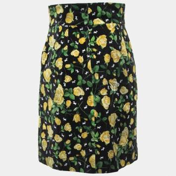 Pre Owned Dolce & Gabbanna Black Floral Printed Velvet Skirt M