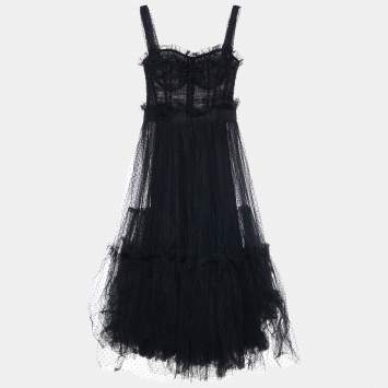 Pre Owned Dolce & Gabbana Black Plumetis Tulle Ruched Midi Dress L
