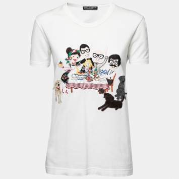 Pre Owned Dolce & Gabbana White Cotton Family Patched T-Shirt XS