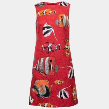 Pre Owned Dolce & Gabbana Red Fish Print Jacquard Sleeveless Shift Dress S