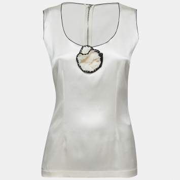 Pre Owned Dolce & Gabbana Cream Silk Satin Flower Detail Tank Top S