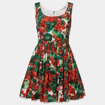Pre Owned Dolce & Gabbana Red Floral Printed Cotton Sleeveless Mini Dress S